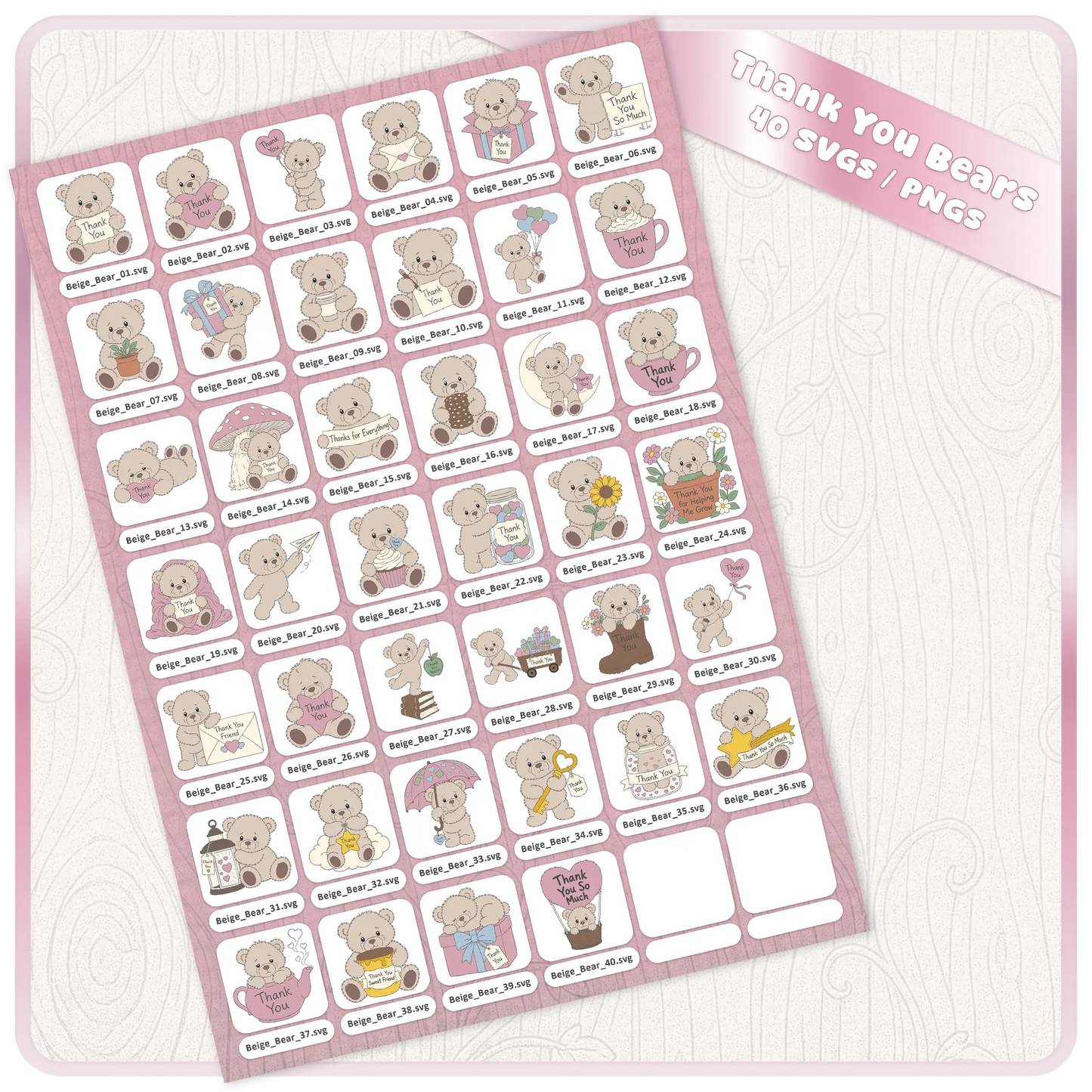 Beige thank you teddy bears SVG and PNG bundle preview sheet showing 40 cute teddy bear clipart designs for cards, stickers, gifts, and crafts.