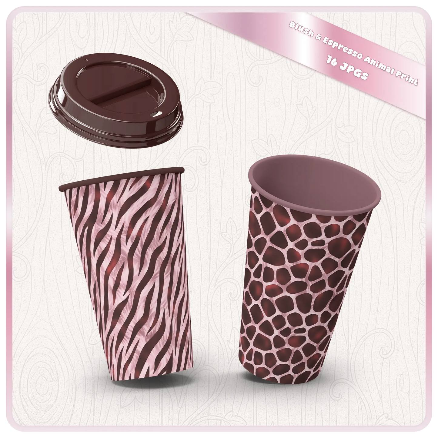 Animal print seamless patterns applied to reusable cups featuring zebra and giraffe designs in blush and brown