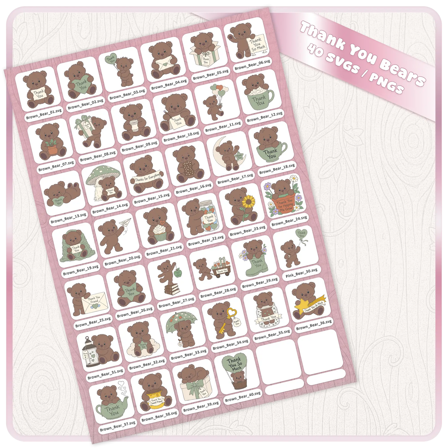Complete Brown Thank You Teddy Bears SVG bundle preview showing all 40 individual teddy bear SVG and PNG designs included in the download