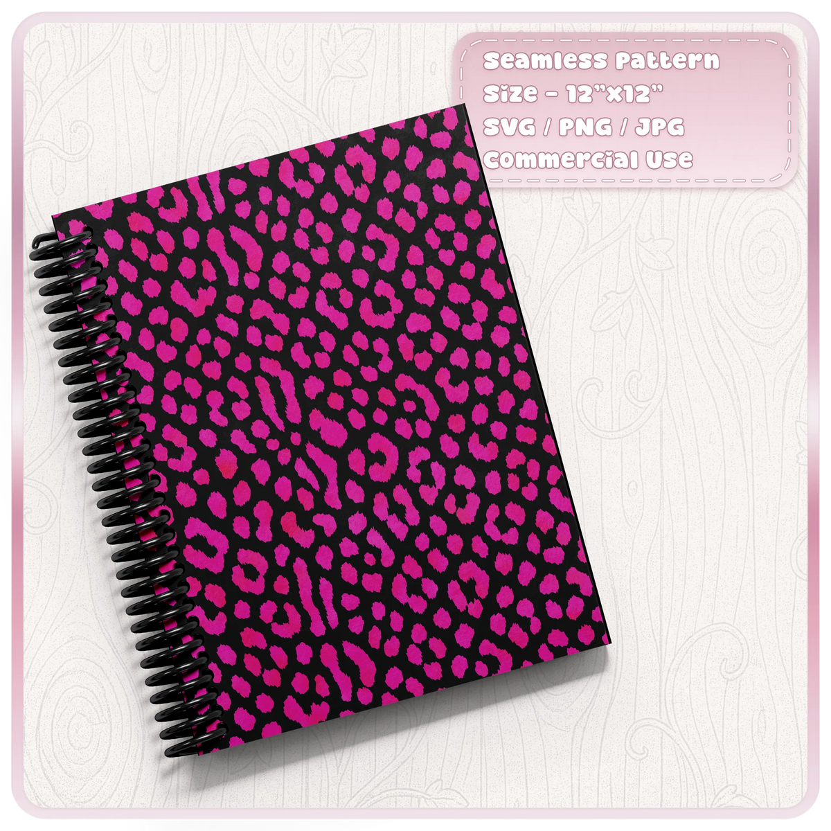 Pink seamless cheetah print pattern displayed on spiral notebook mockup for stationery and craft projects