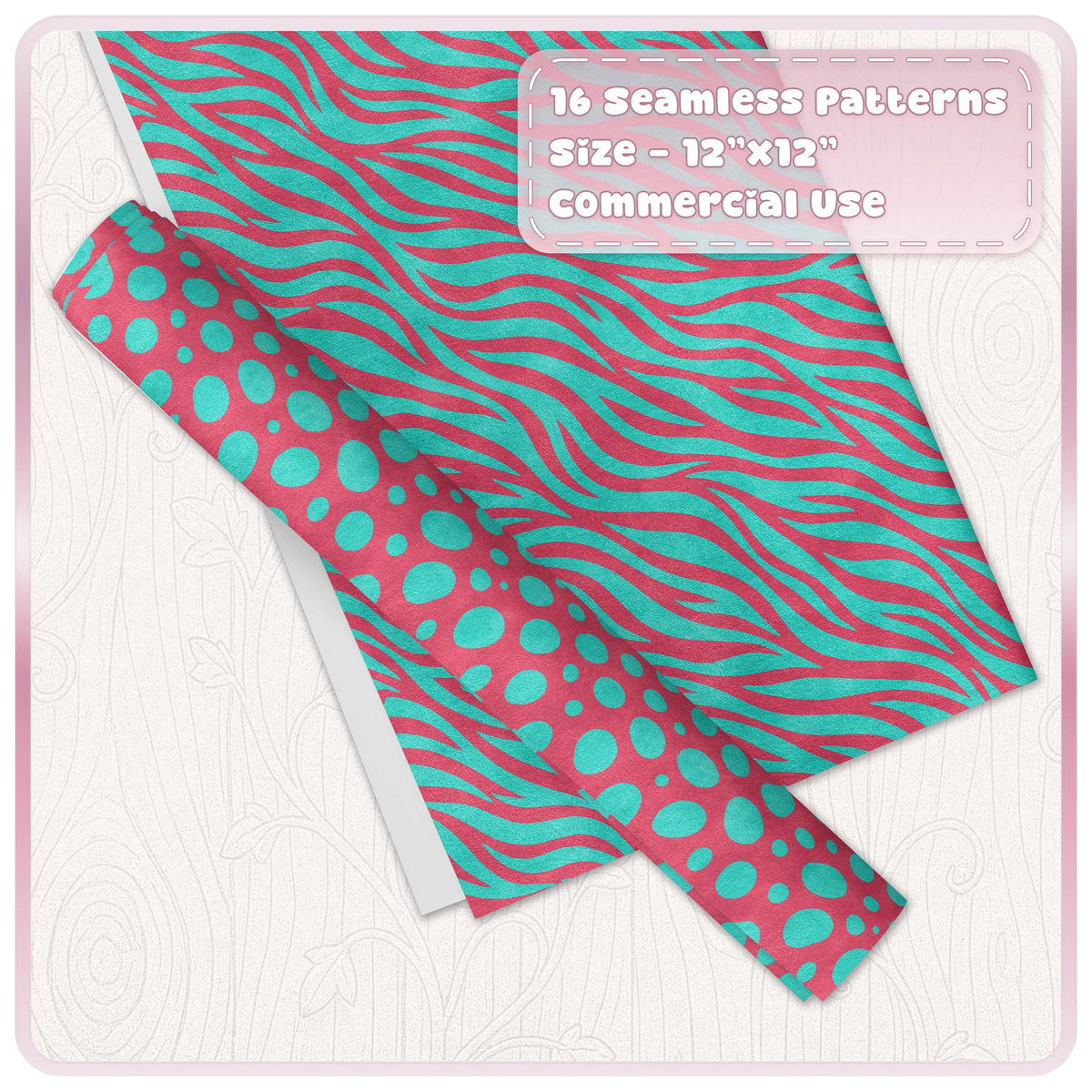Cherry pink and aqua zebra and spotted animal print seamless patterns shown on wrapping paper and digital paper mockups
