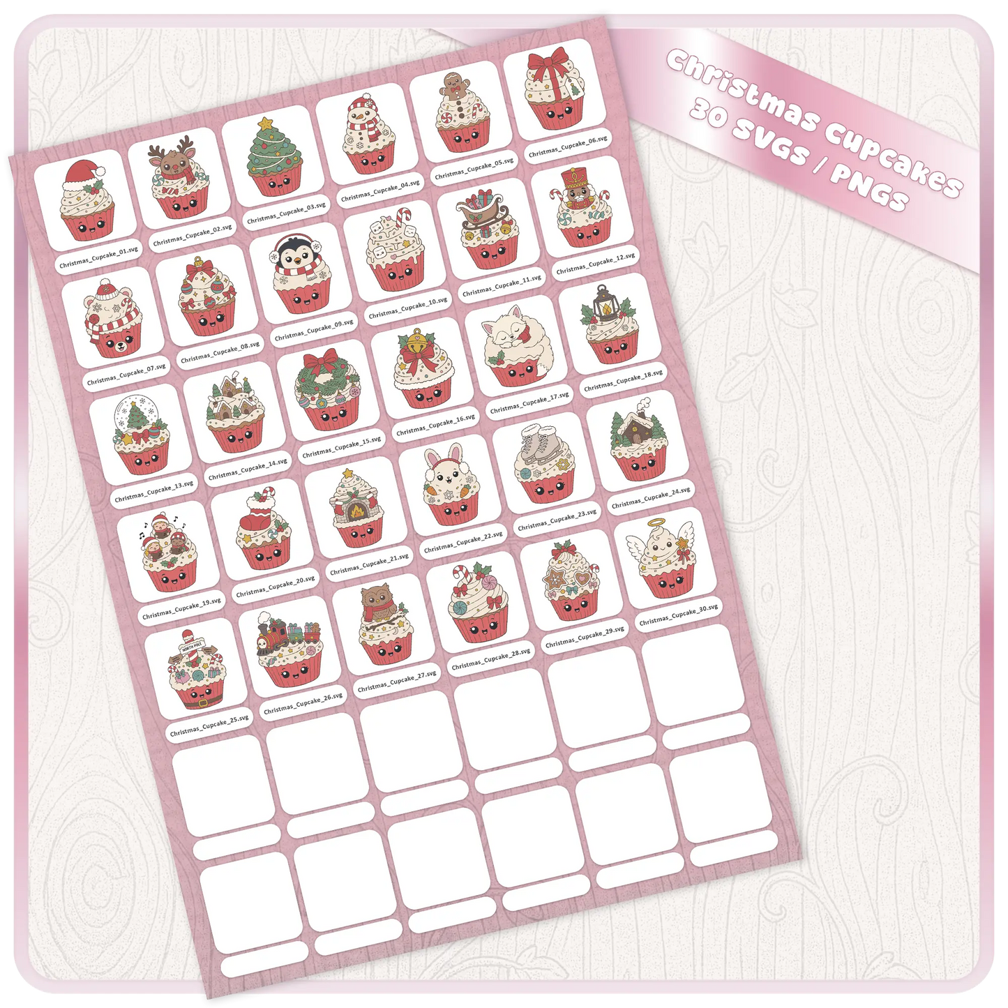 Christmas Cupcakes SVG and PNG bundle preview showing 30 cute holiday cupcake clipart files arranged on a digital download sheet.