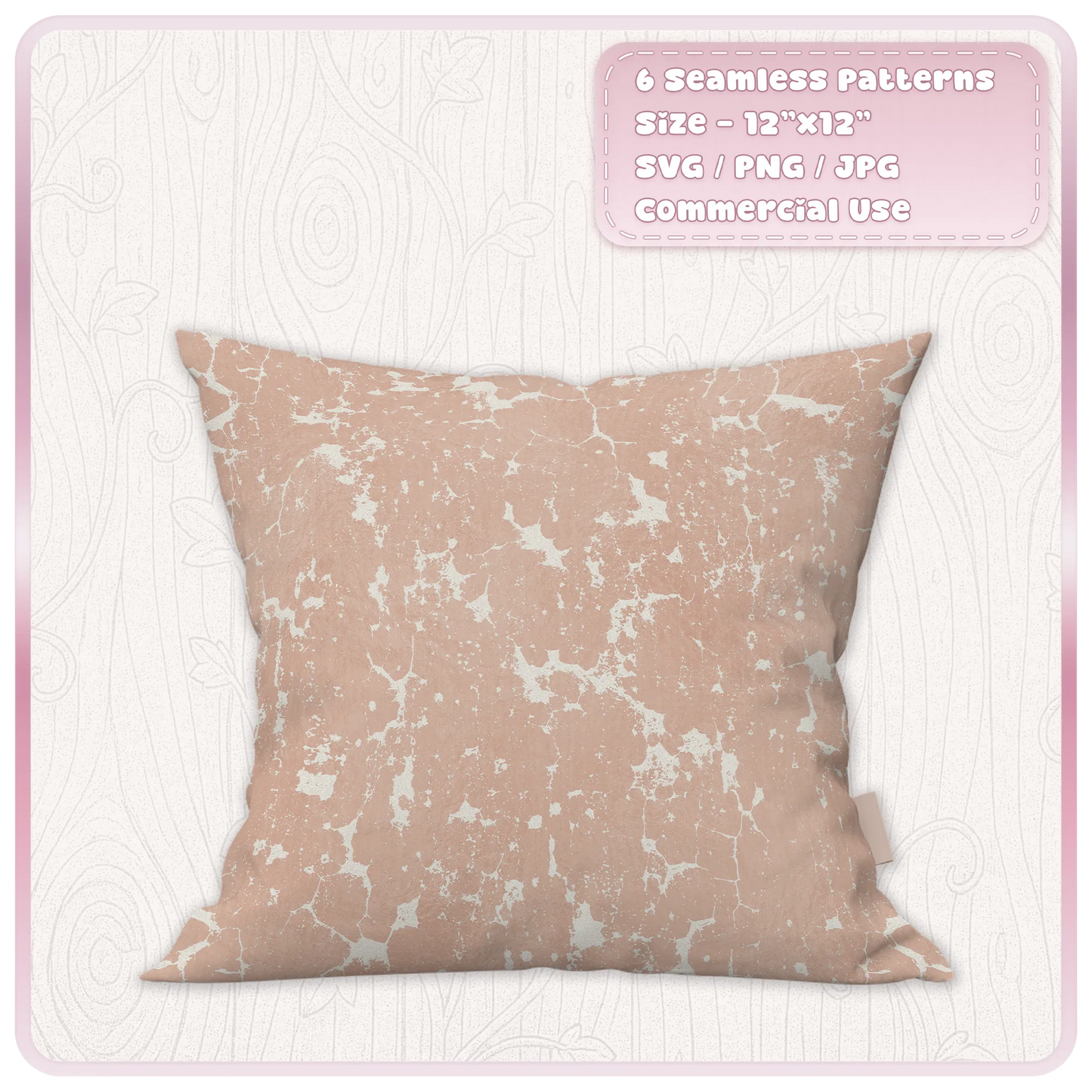 Peach cracked paint seamless pattern displayed on cushion mockup showing distressed grunge texture for fabric and home decor