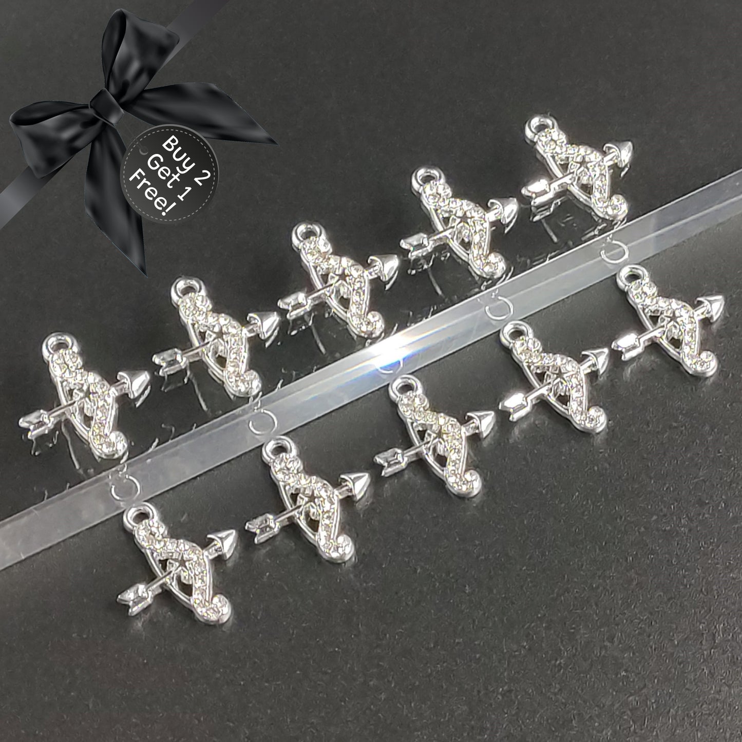 10 Pieces Silver Rhinestones Cupids Bow Charms