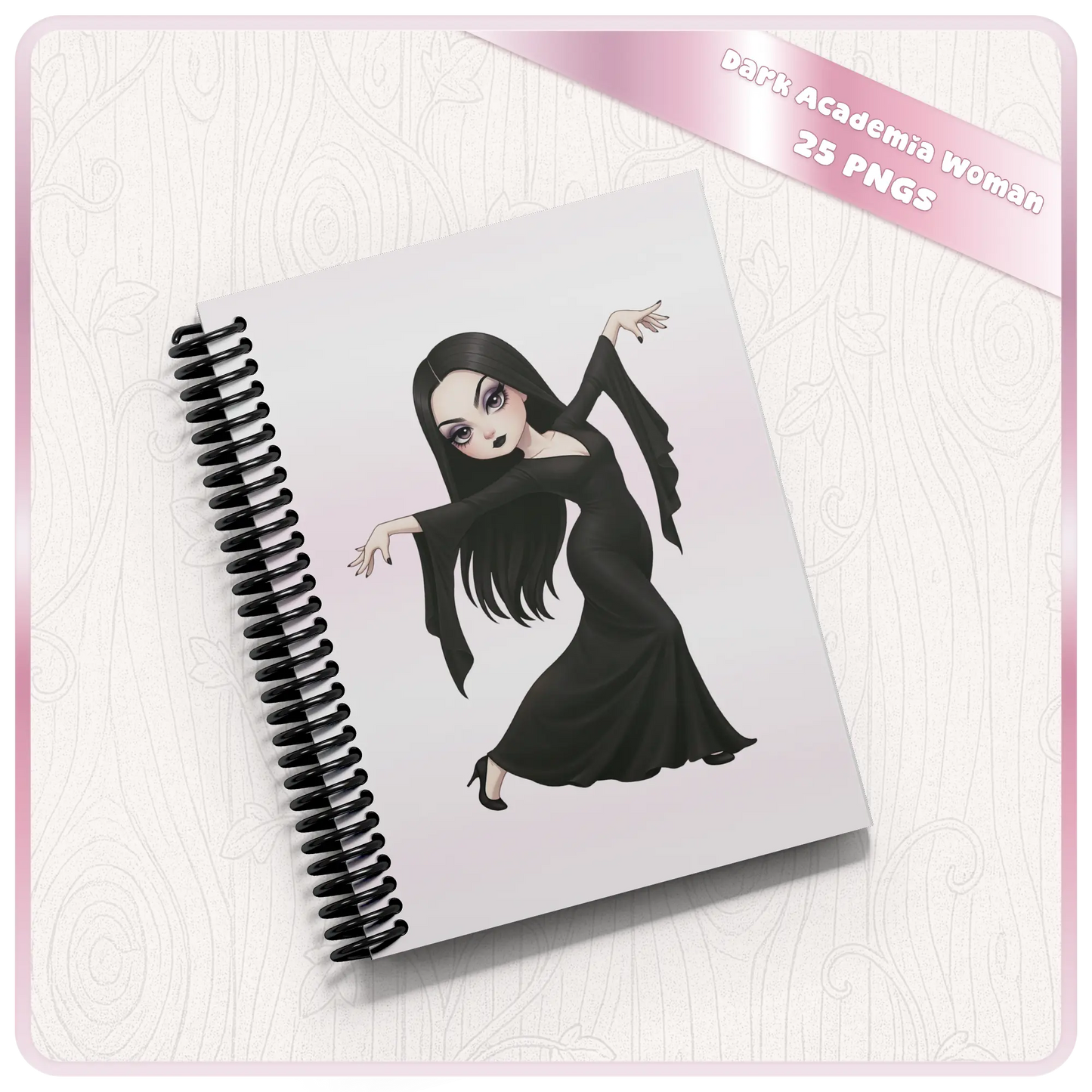 Dark academia gothic woman illustration on spiral notebook cover, black dress aesthetic character for stationery and printable designs