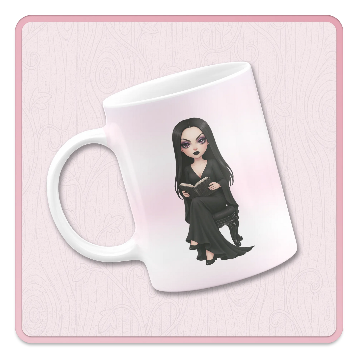 Dark academia woman reading clipart on mug mockup, gothic aesthetic lady PNG for sublimation gifts and stationery