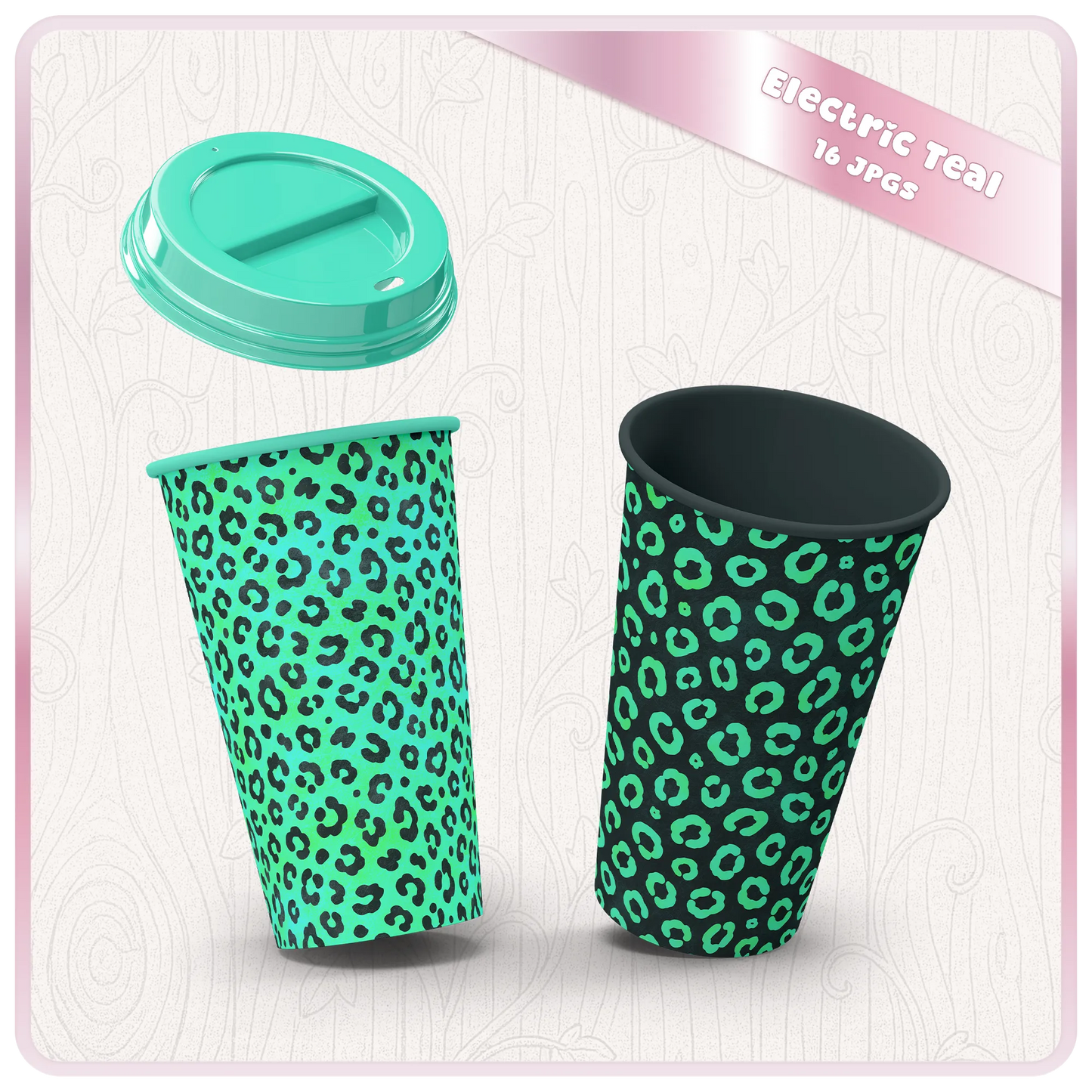 Electric teal leopard print seamless digital paper shown on coffee cup mockups for sublimation, packaging, and craft designs.