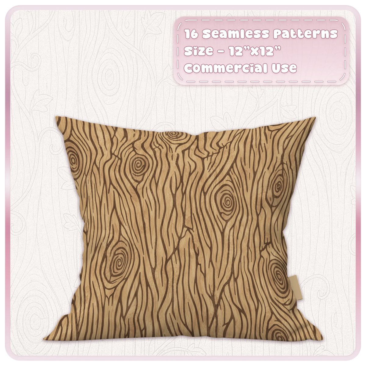 Fairytale oak wood seamless pattern displayed on a cushion mockup with flowing woodland wood grain texture