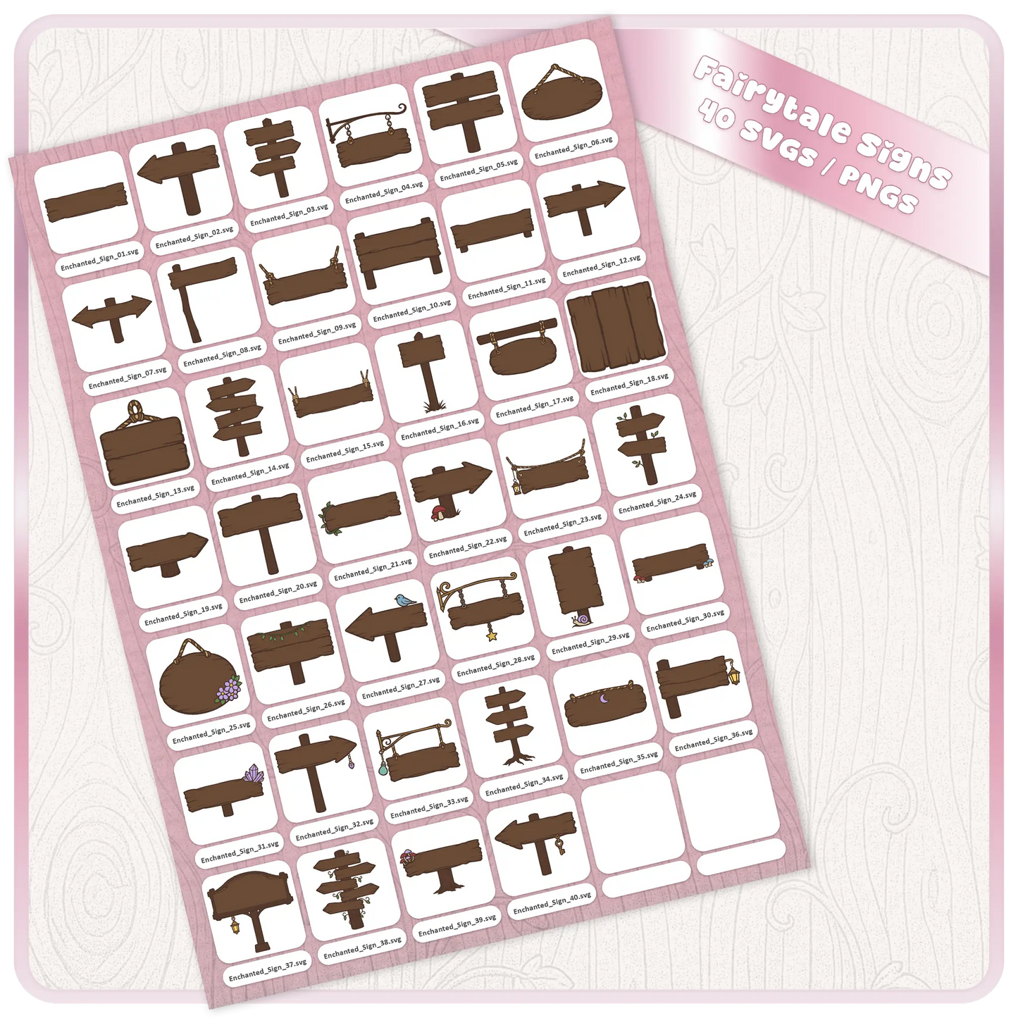 Fairytale Enchanted Signs SVG and PNG bundle sheet showing 40 brown wooden sign clipart designs for Cricut, Silhouette, sublimation, stickers, printables, and fantasy crafts.