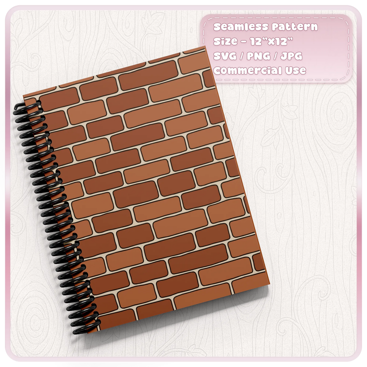 Terracotta red brick wall pattern printed on a spiral notebook cover, seamless printable digital paper design