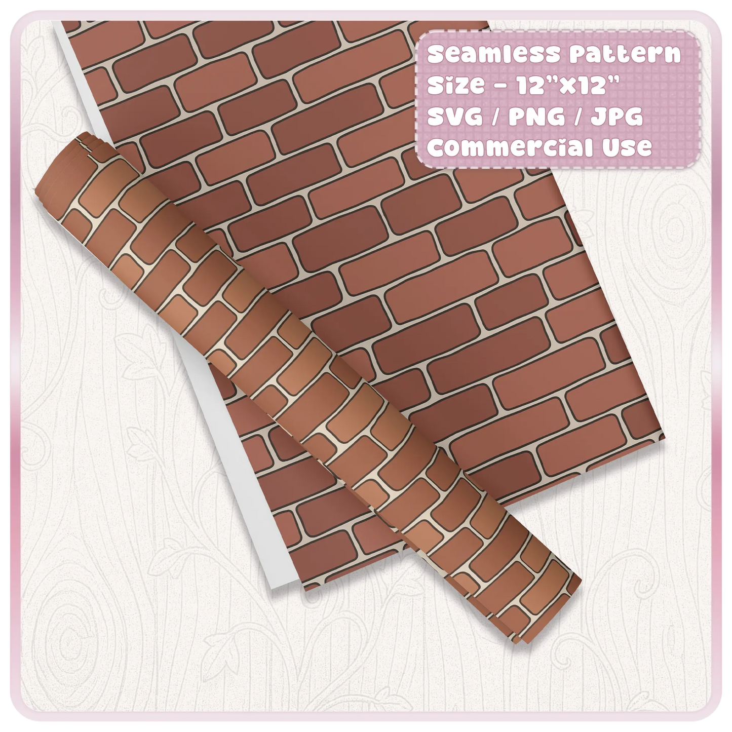 Coloured seamless brick wall pattern mockup shown on printable sheets and tumbler wrap for SVG PNG JPG craft downloads.