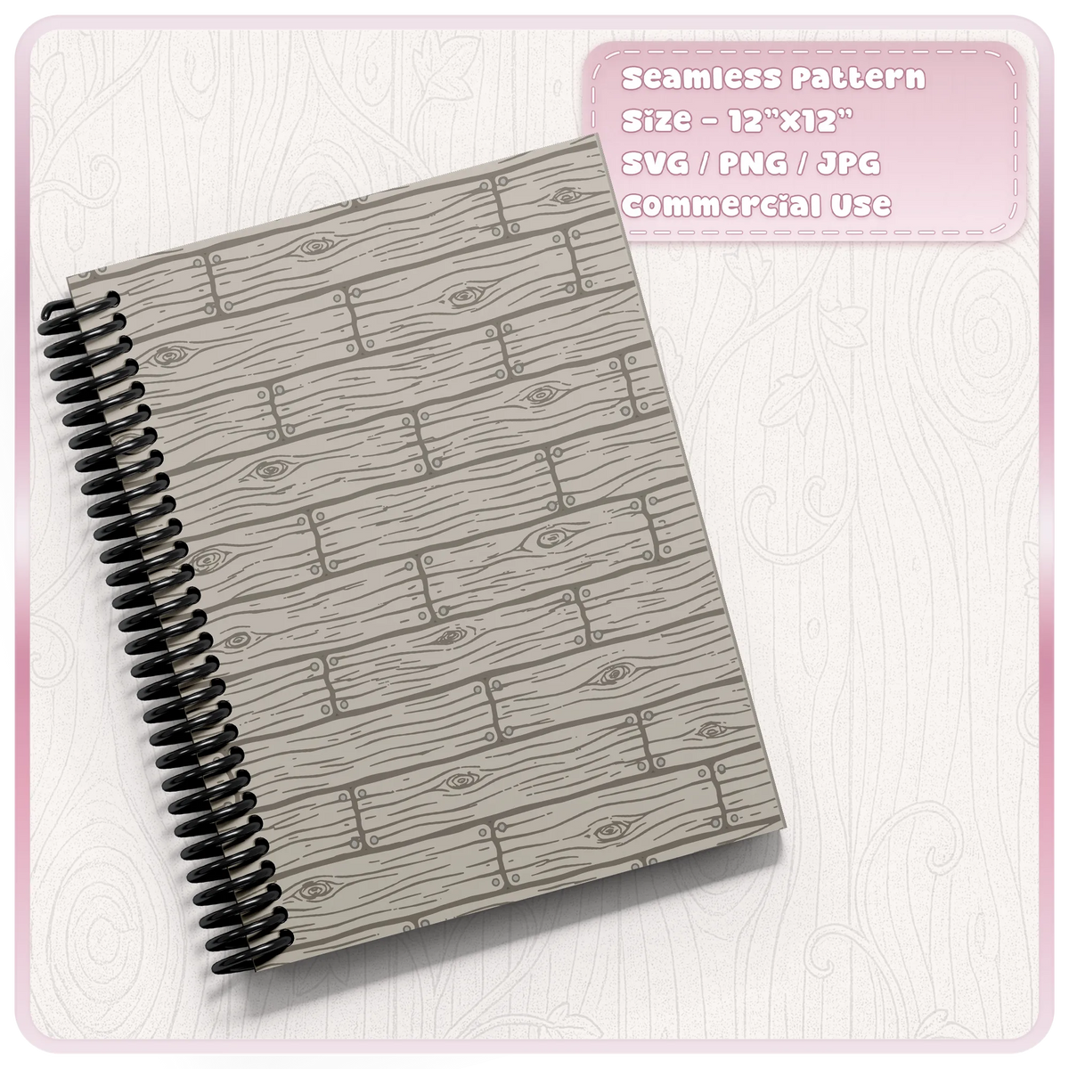 Grey fairytale floorboards seamless pattern on a spiral notebook cover, featuring rustic horizontal wood planks and detailed grain.