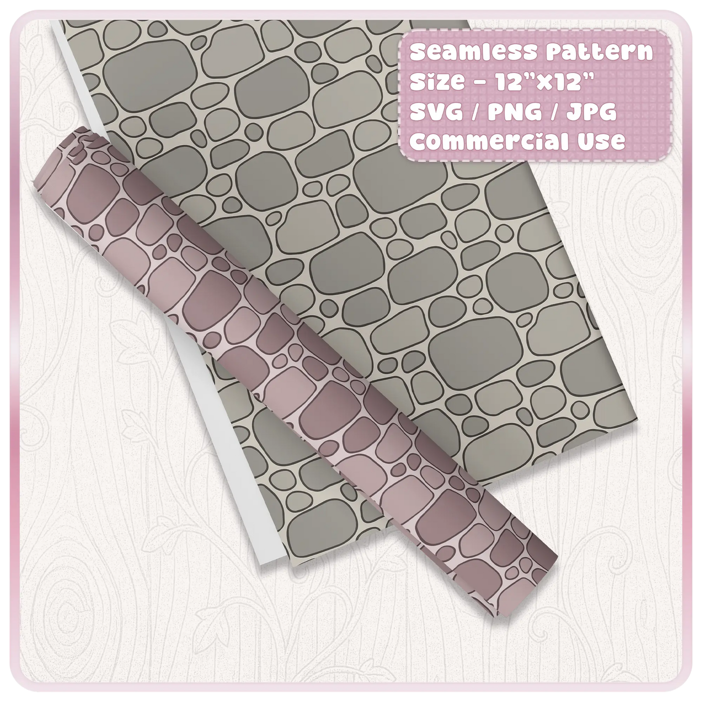 Printable paper and rolled sheet mockup displaying seamless fairytale stone wall pattern in multiple colourways for digital and print projects