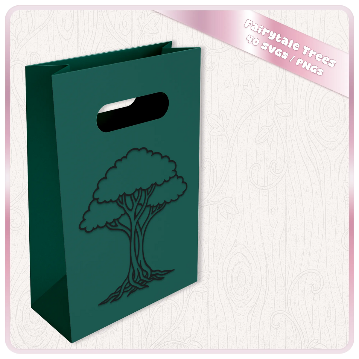Fairytale woodland tree SVG shown on green gift bag mockup for Cricut, vinyl, sublimation and fantasy craft projects