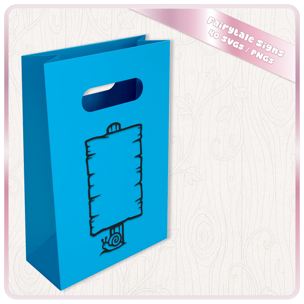 Blank fairytale wooden sign SVG with snail shown on a blue gift bag mockup for Cricut, vinyl and personalised crafts