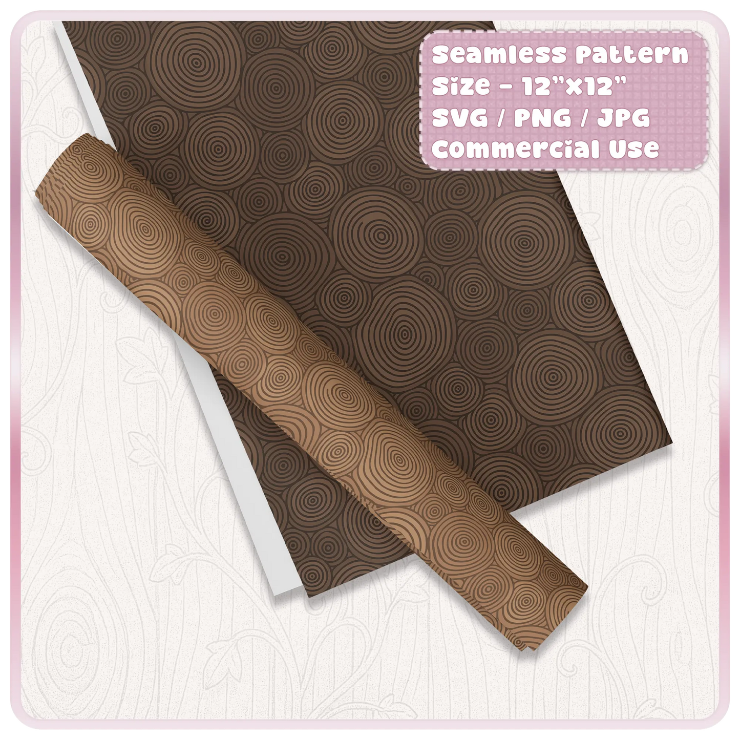 Brown fairytale woodgrain seamless pattern mockup on wrapping paper and ribbon, ideal for packaging, gift wrap, scrapbooking and woodland craft designs.