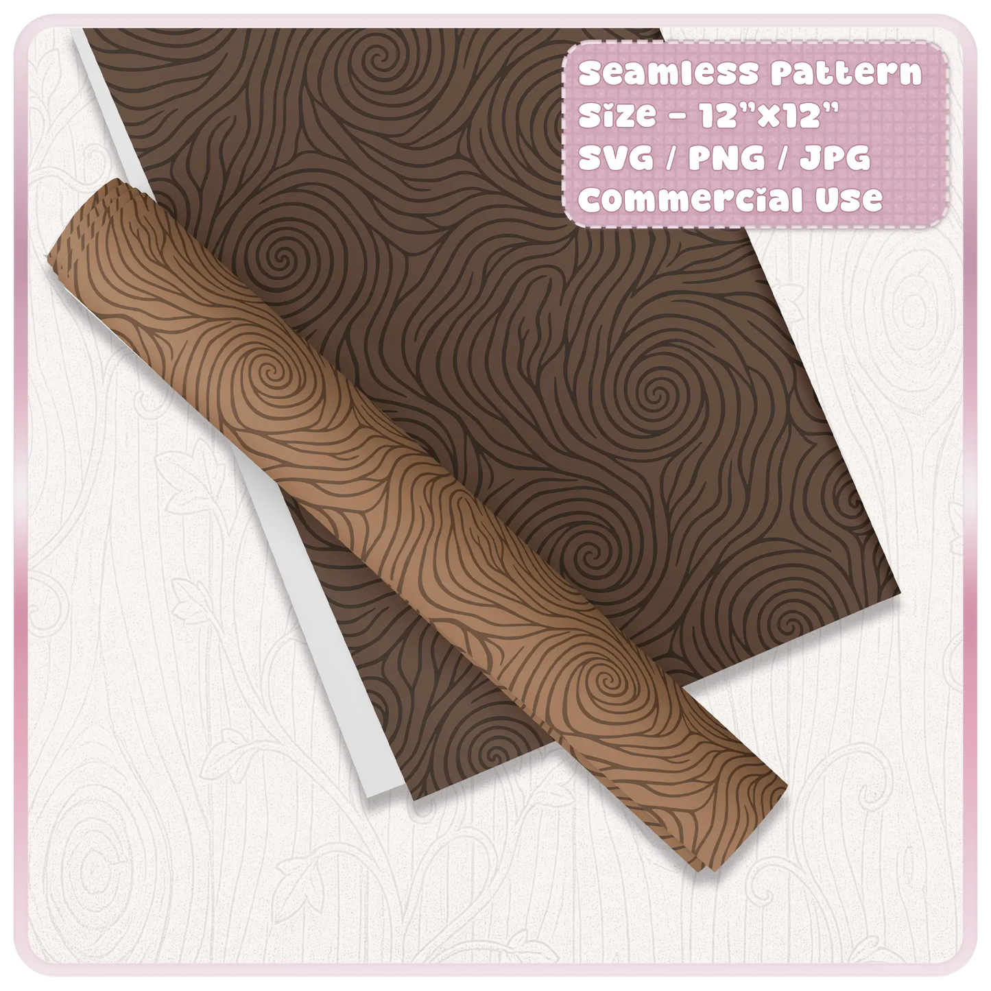 Brown fairytale woodgrain seamless pattern mockup on paper and ribbon wrap for packaging, scrapbooking, and woodland craft design.