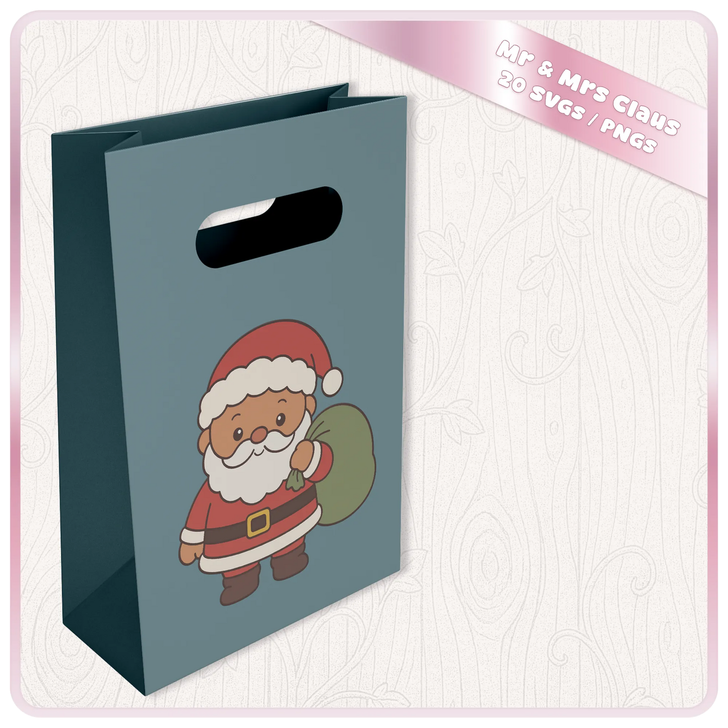 Cute Santa Claus with green gift sack SVG and PNG Christmas design displayed on a blue gift bag mockup from the Mr and Mrs Claus Christmas bundle.