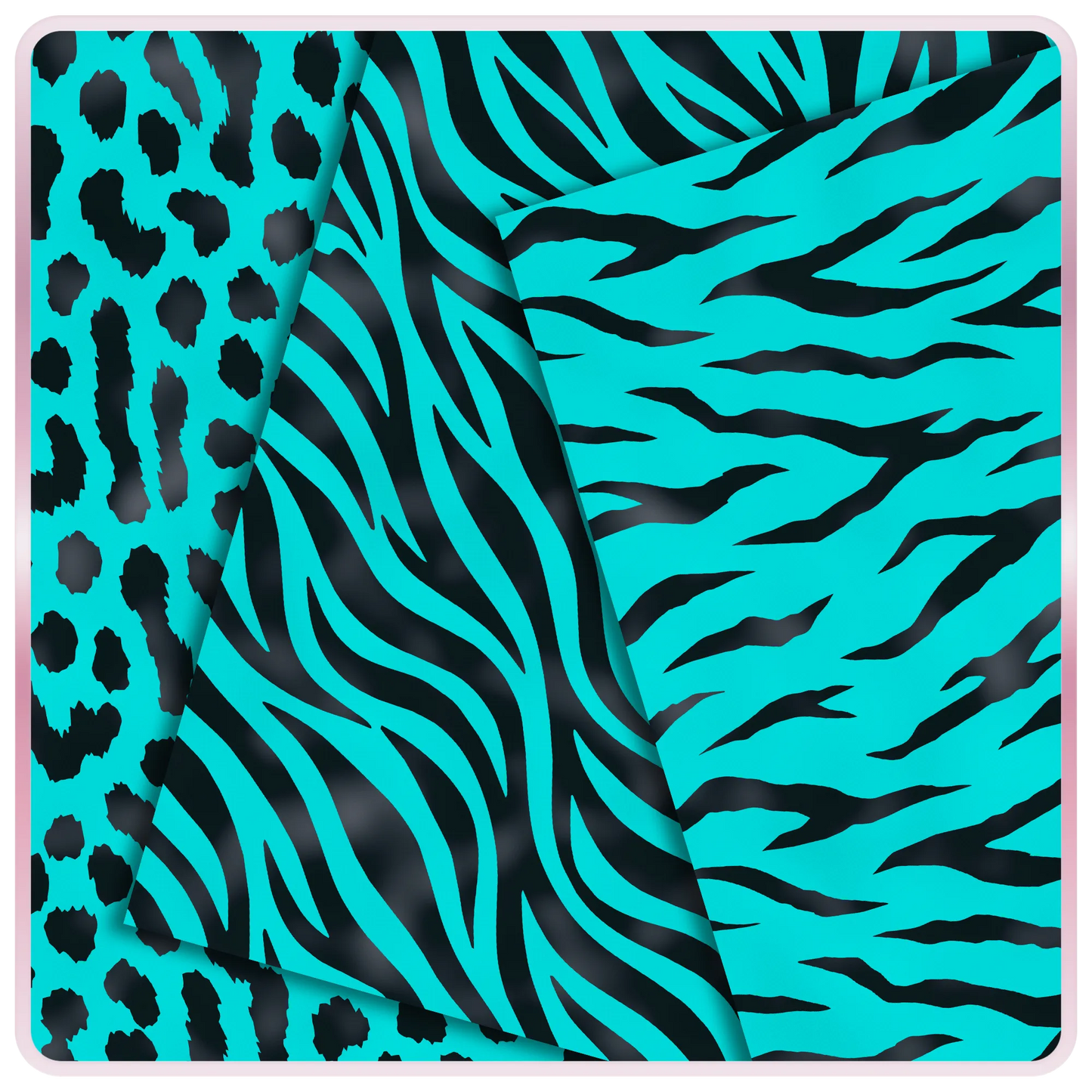 Aqua and black animal print seamless papers featuring leopard spots, zebra stripes, and tiger stripe digital patterns for scrapbook and craft projects.