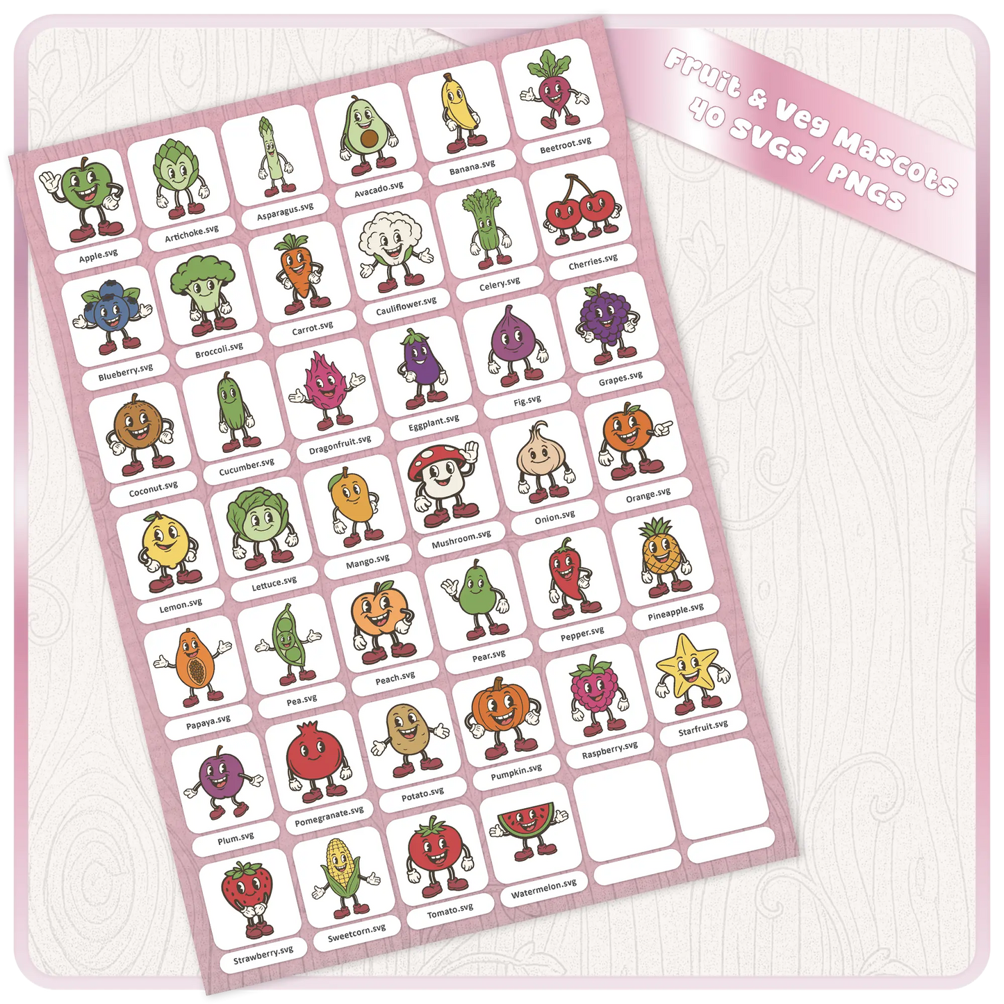 Full fruit and veg retro mascot SVG and PNG bundle preview showing 40 vintage cartoon food characters for digital downloads, clipart, Cricut, and craft projects.