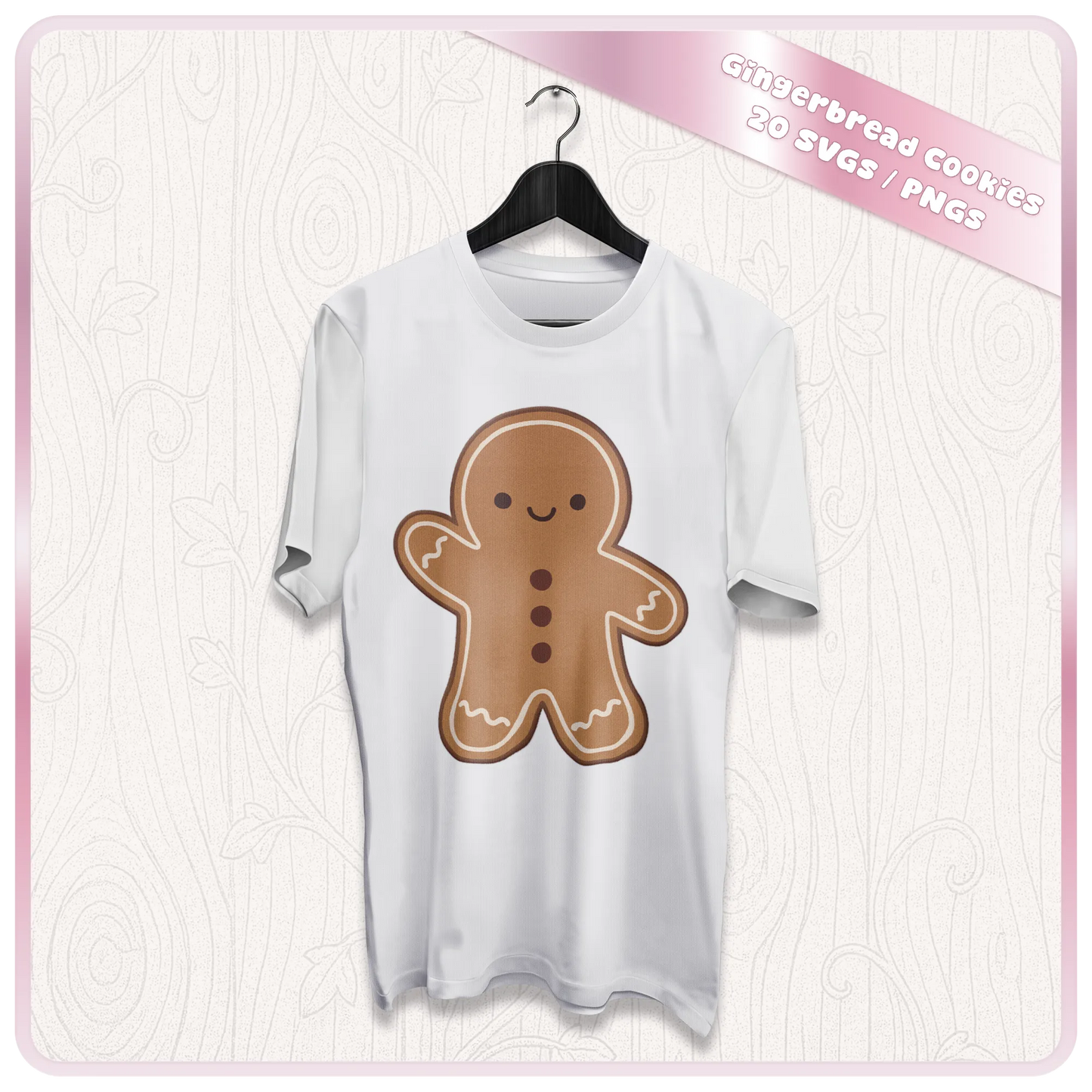 Cute Christmas gingerbread man SVG displayed on a white T-shirt mockup showing a festive apparel project using the gingerbread cookie cut file.