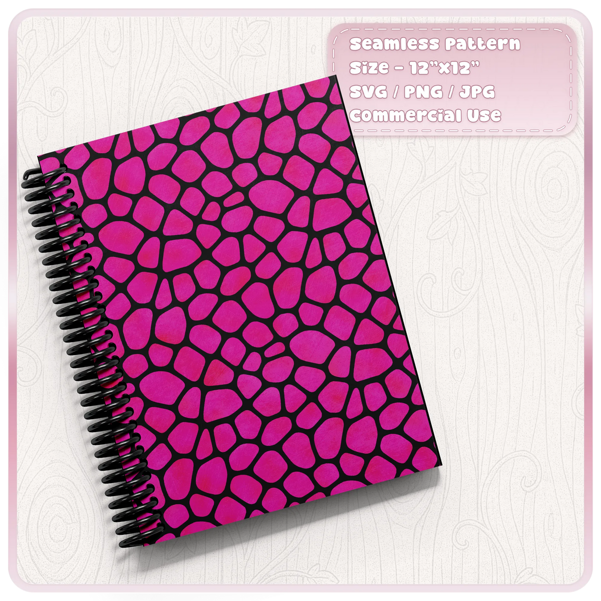 Pink seamless giraffe print pattern displayed on spiral notebook mockup for stationery and craft projects