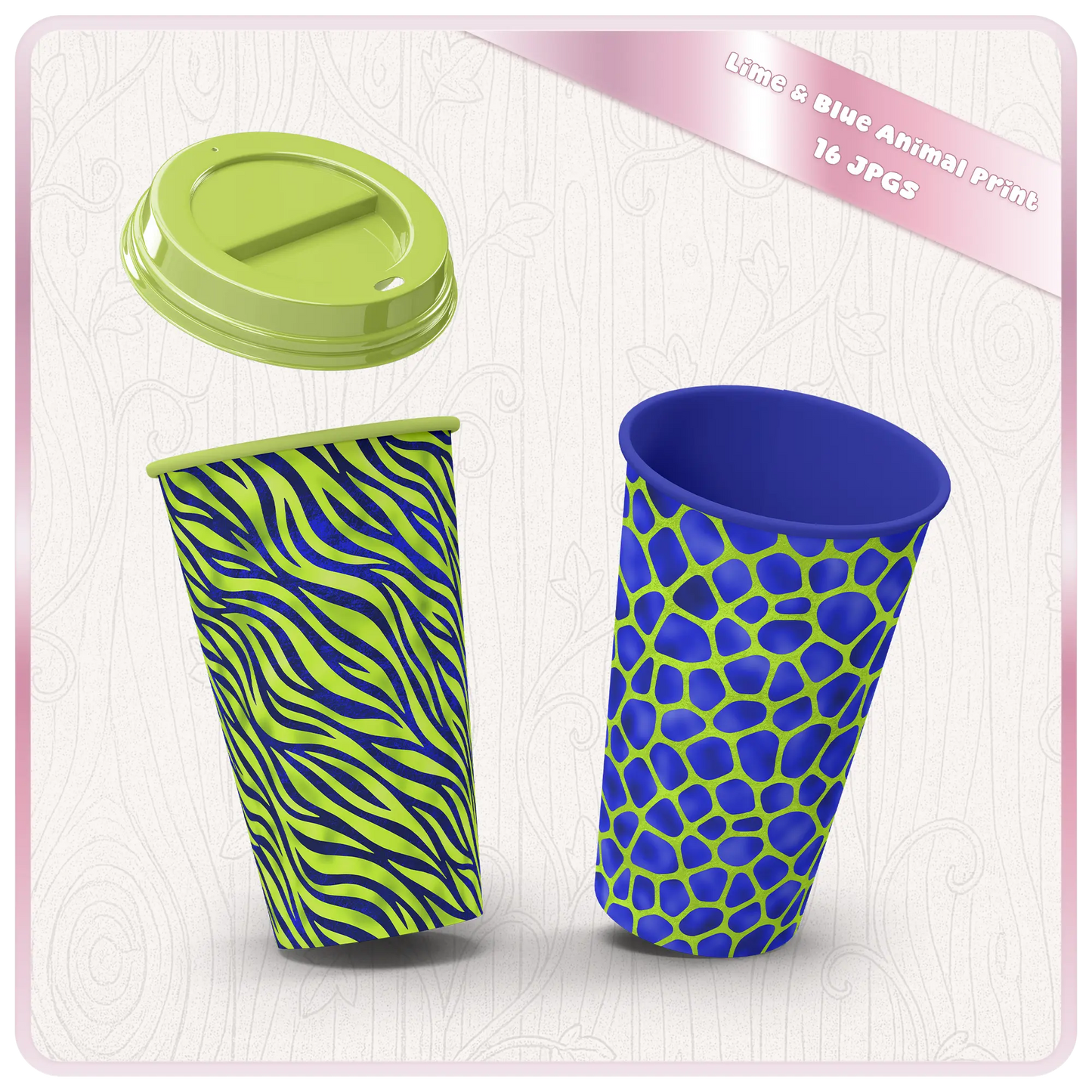 Reusable tumbler mockup with lime green and blue zebra and giraffe seamless patterns wrap design