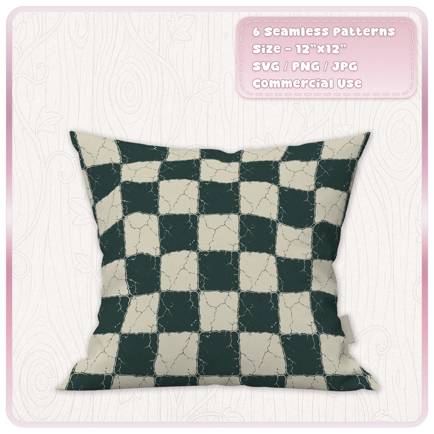 Cracked grunge chessboard seamless pattern shown on a decorative cushion with dark green and aged cream distressed checkerboard tiles.