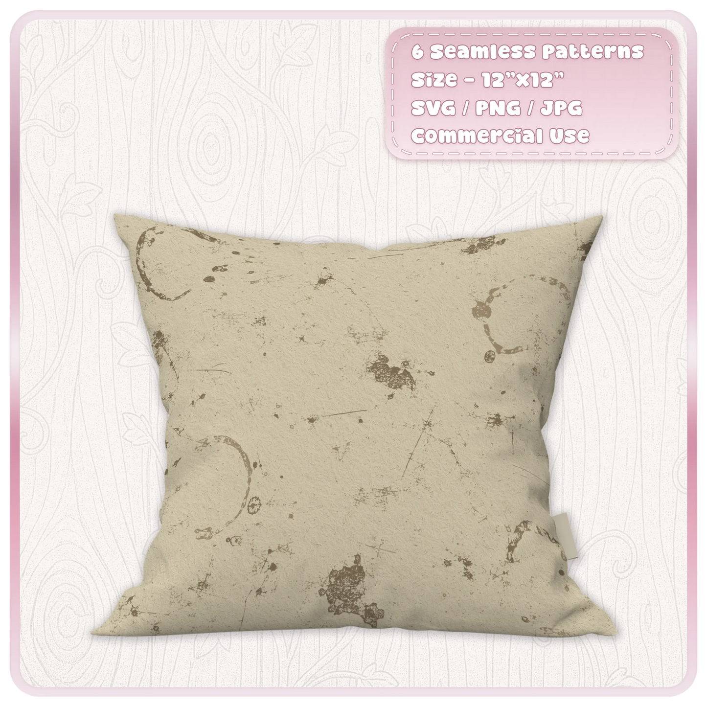 Cream grunge paper seamless pattern displayed on a cushion mockup with distressed coffee rings, scratches, stains and vintage paper texture.