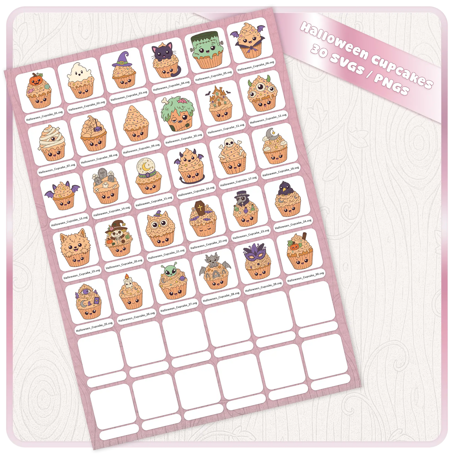 Halloween Cupcakes SVG and PNG bundle preview showing 30 cute spooky Halloween cupcake clipart files arranged on a digital download sheet.