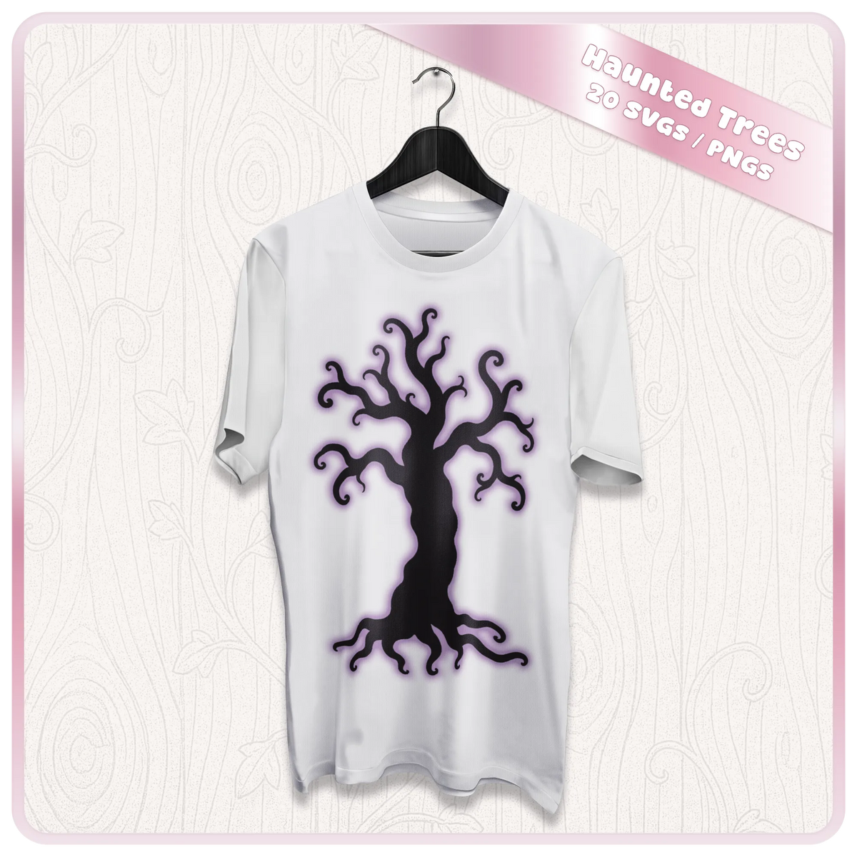 White T-shirt mockup featuring a spooky haunted tree silhouette with purple glow, showcasing a Halloween SVG design for clothing crafts.