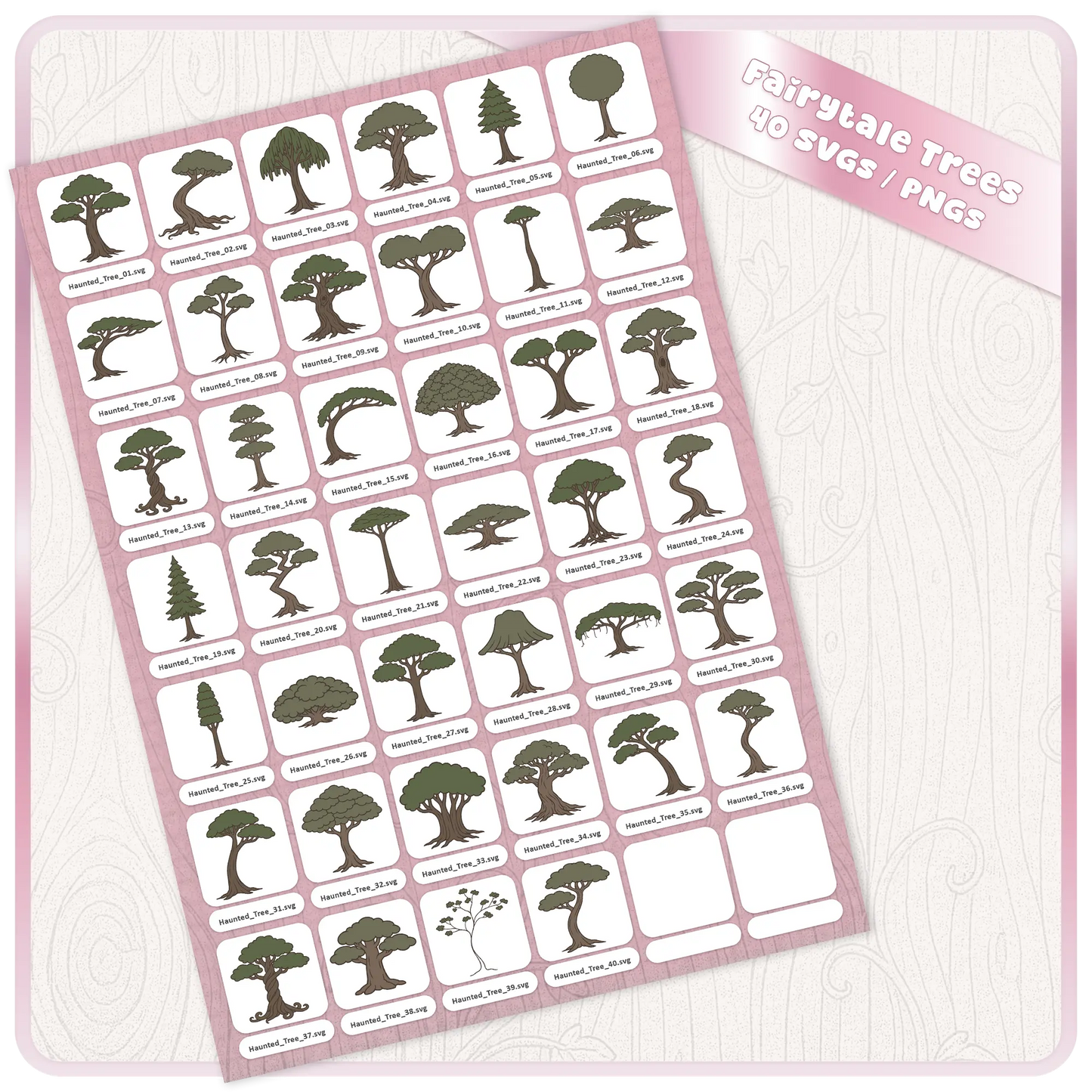 Full preview sheet of Fairytale Haunted Trees 40 SVG and PNG digital download bundle with assorted spooky woodland tree clipart files for Halloween crafts and dark fantasy printables.
