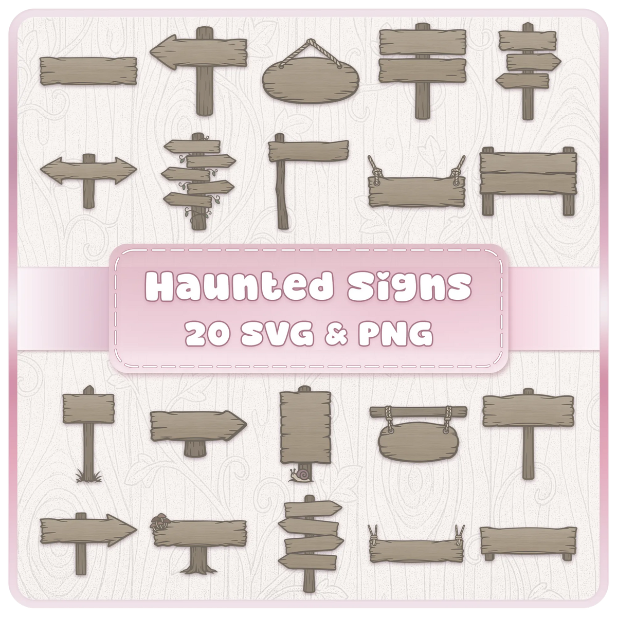 Haunted Wooden Signs SVG and PNG bundle featuring 20 rustic woodland signpost illustrations, blank wooden arrows and hanging signs for Halloween crafts.