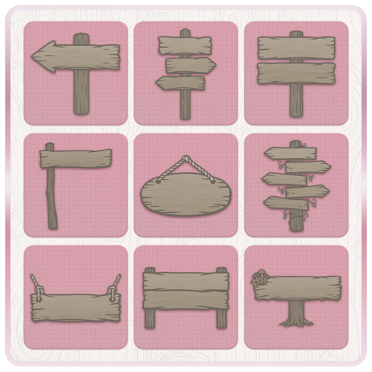 Nine spooky woodland wooden sign clipart designs including arrow signposts, rope-hung oval signs, rustic noticeboards and a mushroom woodland sign.