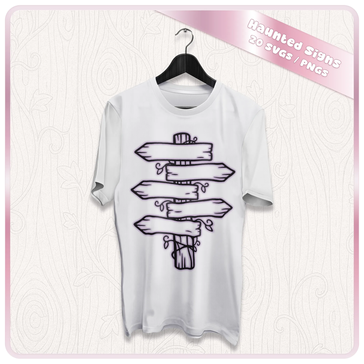 White T-shirt mockup featuring a haunted woodland directional signpost design with rustic wooden arrows in black line art.