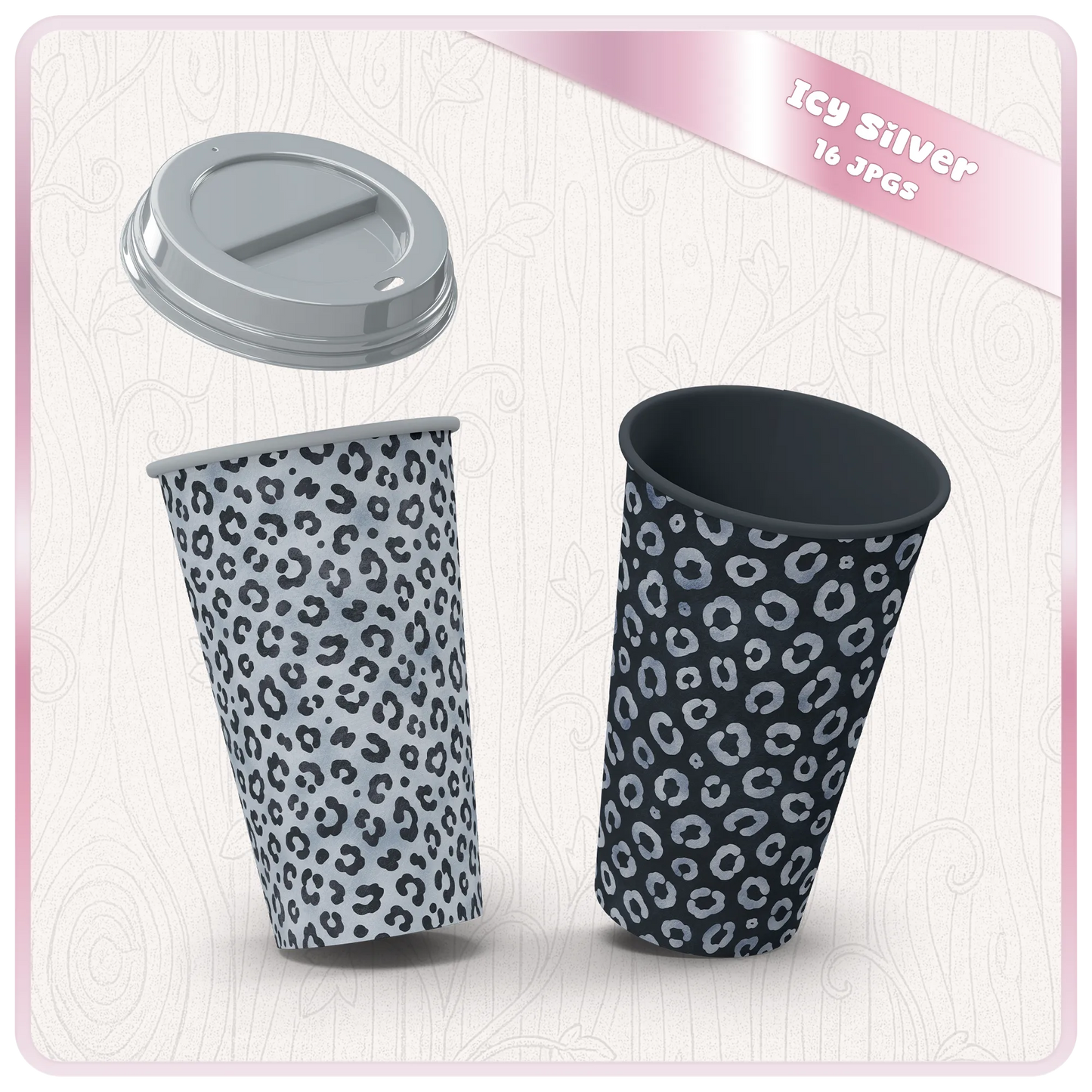 Icy Silver leopard print cup mockup featuring seamless animal print JPG patterns for sublimation, tumblers and printable designs.