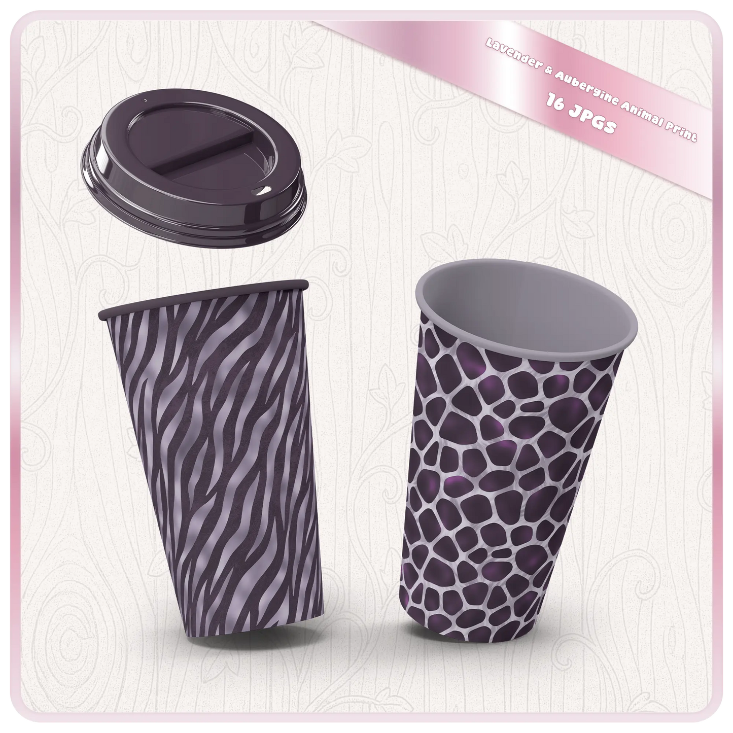 Coffee cup mockups wrapped in zebra and giraffe style seamless animal print patterns in purple tones
