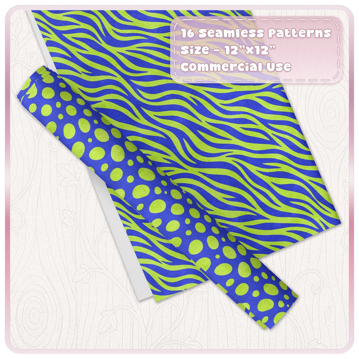 Lime green and cobalt blue zebra and spotted animal print patterns shown on digital paper and wrapping paper mockups