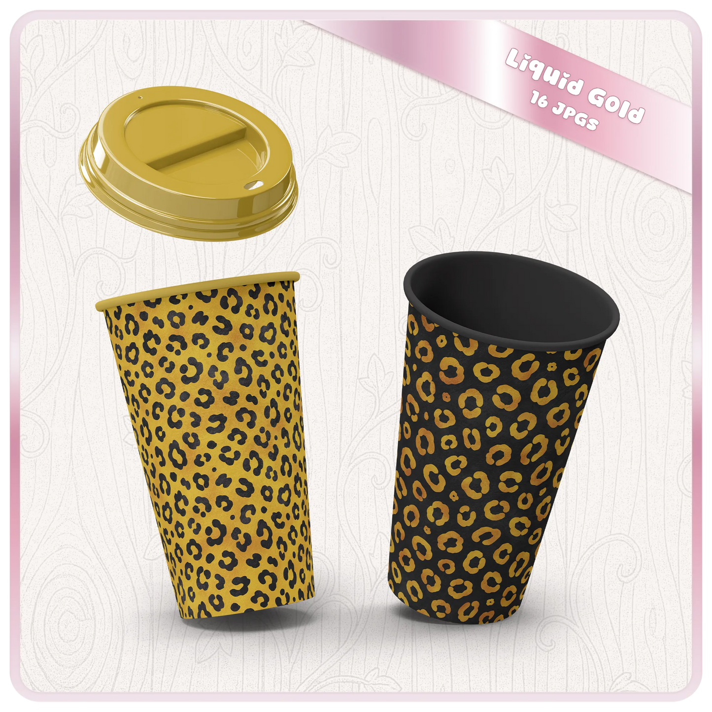Liquid Gold leopard print cup mockup featuring seamless animal print JPG patterns for sublimation, tumblers and printable designs.