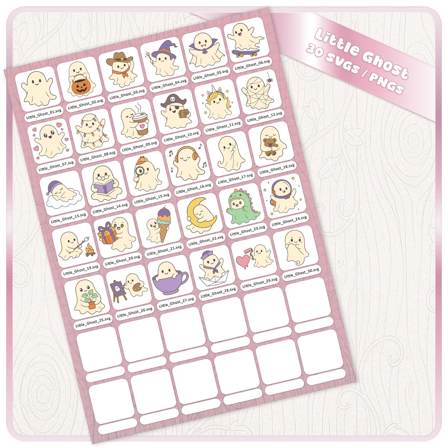 Full Little Ghost SVG and PNG bundle preview sheet showing 30 cute Halloween ghost clipart files with individual file names for digital craft downloads.