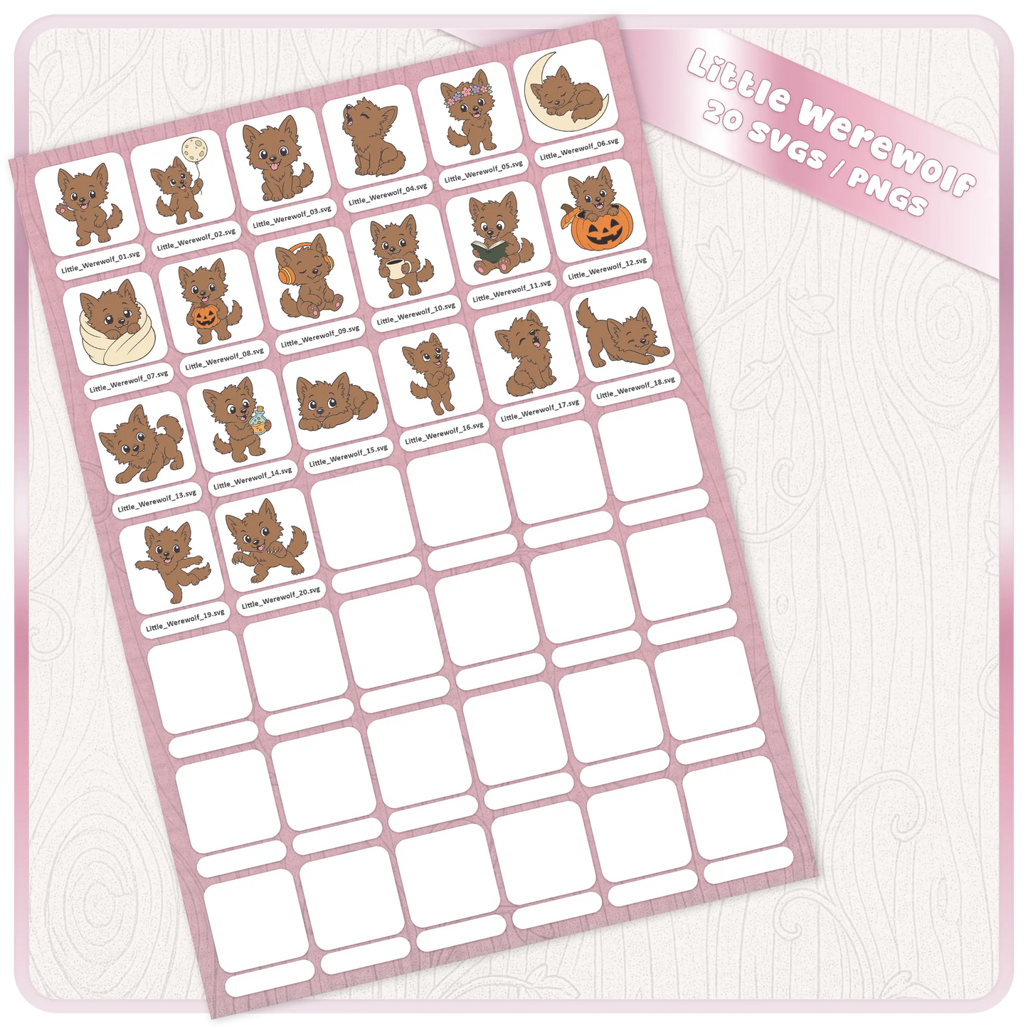 Little Werewolf SVG and PNG digital download preview sheet showing 20 cute werewolf clipart files for Cricut, stickers, sublimation, and Halloween crafts.