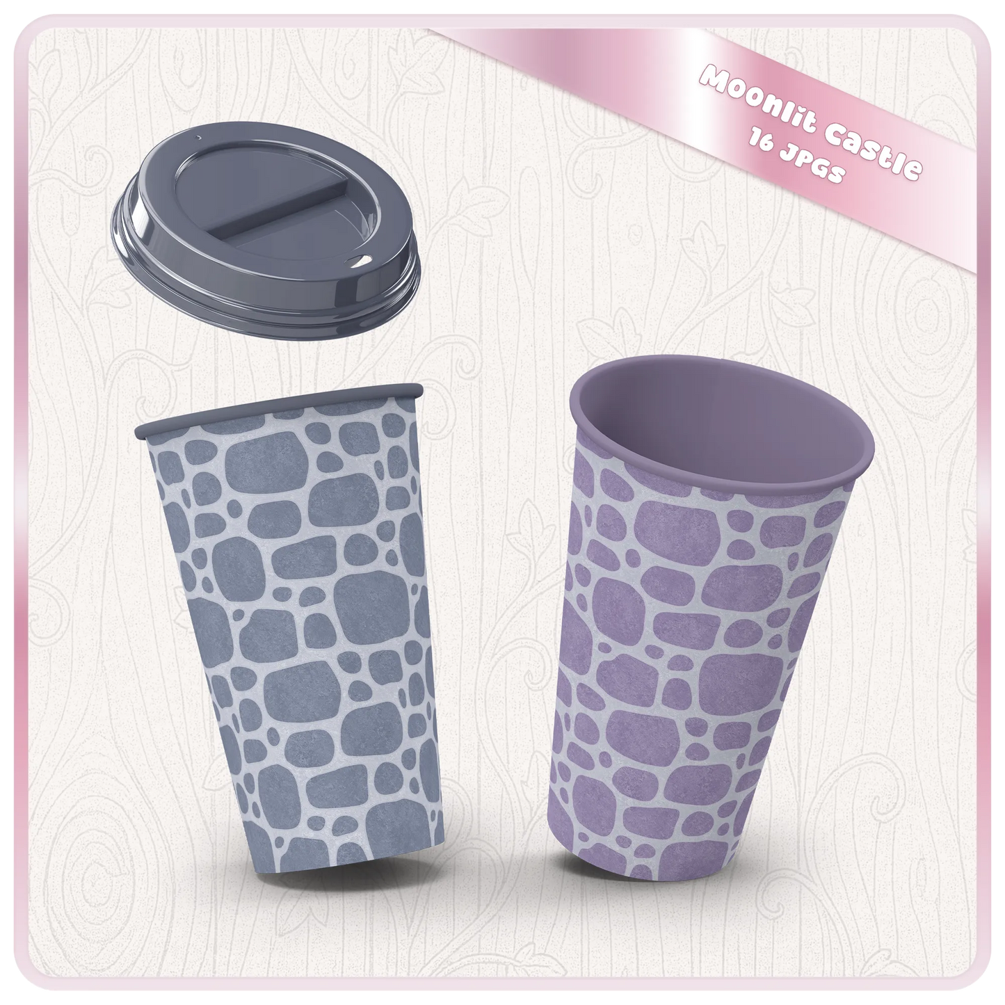 Moonlit Castle seamless stone patterns shown on paper cup mockups with purple and blue fantasy cobblestone designs for sublimation and commercial use.