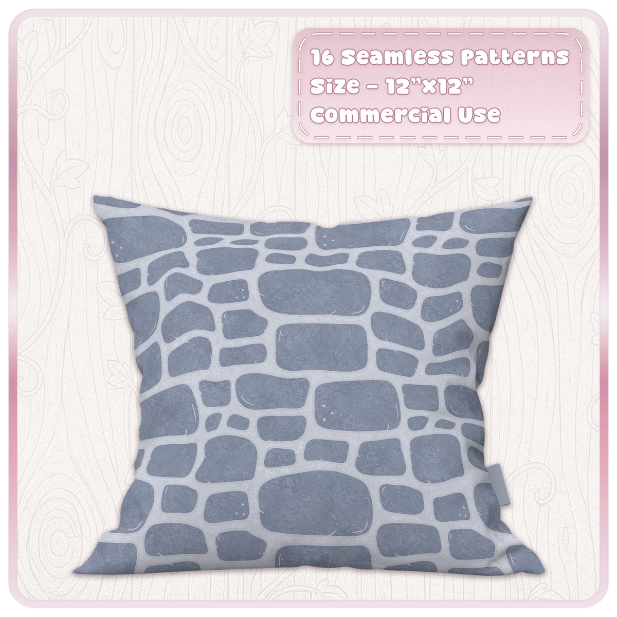 Moonlit blue fairytale stone seamless pattern displayed on cushion mockup with pale mortar and castle wall texture