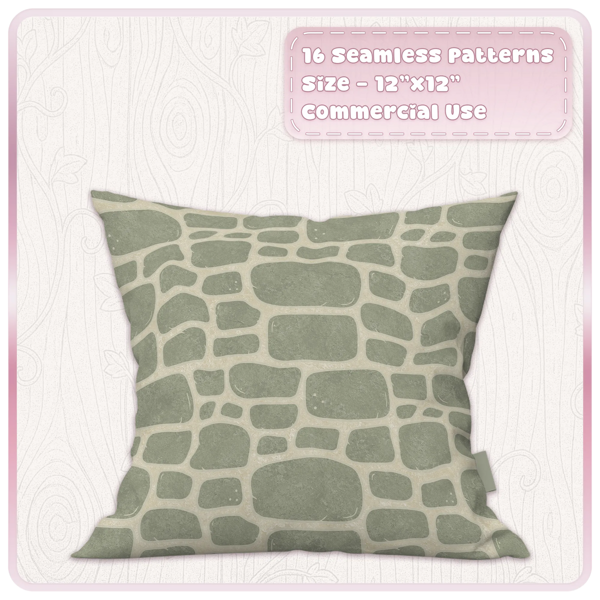 Sage green fairytale stone seamless pattern displayed on cushion mockup with pale mortar and textured masonry finish