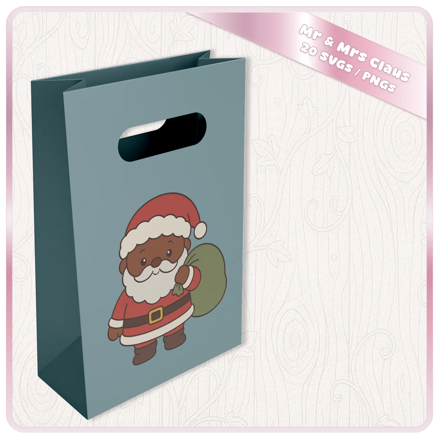 Santa Claus Christmas SVG mockup on a blue gift bag featuring cute brown skin Santa carrying a green Christmas sack from the 20 SVG and PNG clipart bundle.