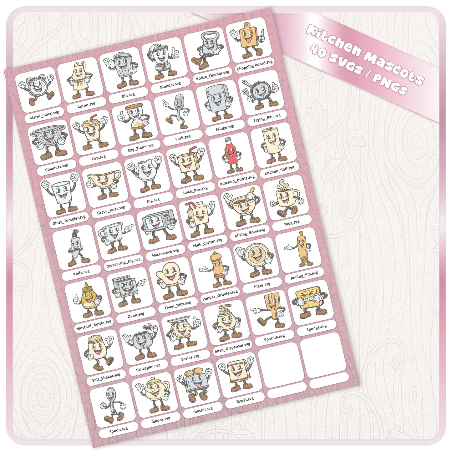 Pastel Kitchen Mascots SVG and PNG bundle preview sheet showing 40 cute retro kitchen clipart files with labeled designs for digital download craft projects.