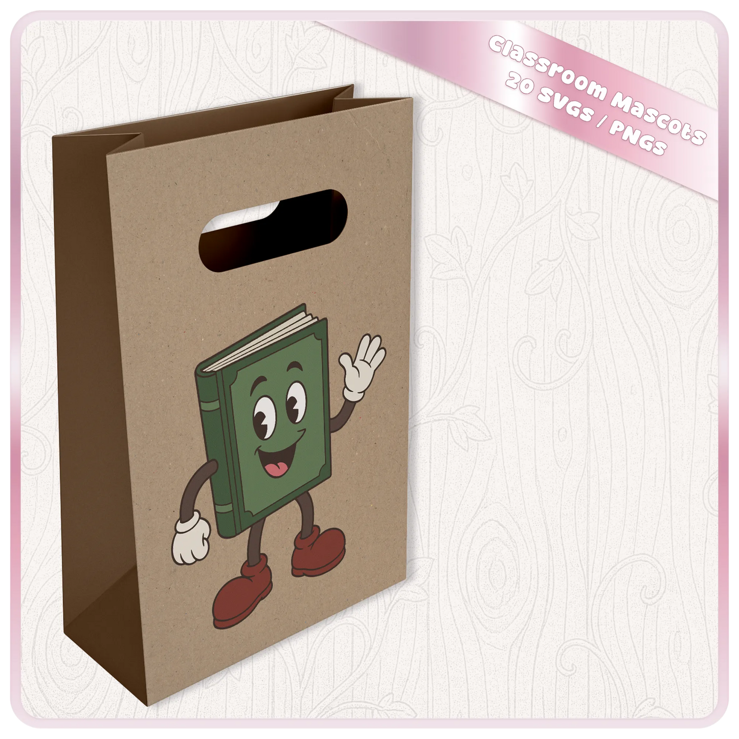 Kraft gift bag mockup featuring a smiling retro green book classroom mascot from the Classroom Mascots SVG and PNG school clipart bundle.