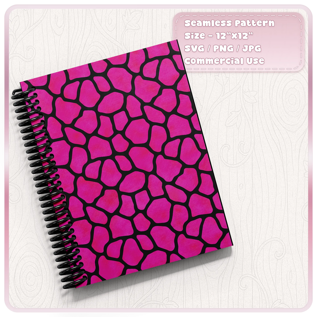 Pink seamless giraffe print pattern displayed on spiral notebook mockup for stationery and craft projects