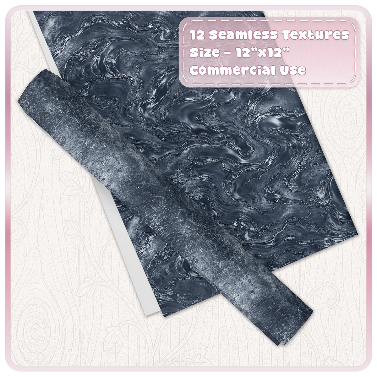 Black chrome seamless digital paper and distressed metallic overlay mockup for Photoshop, scrapbooking and crafts.