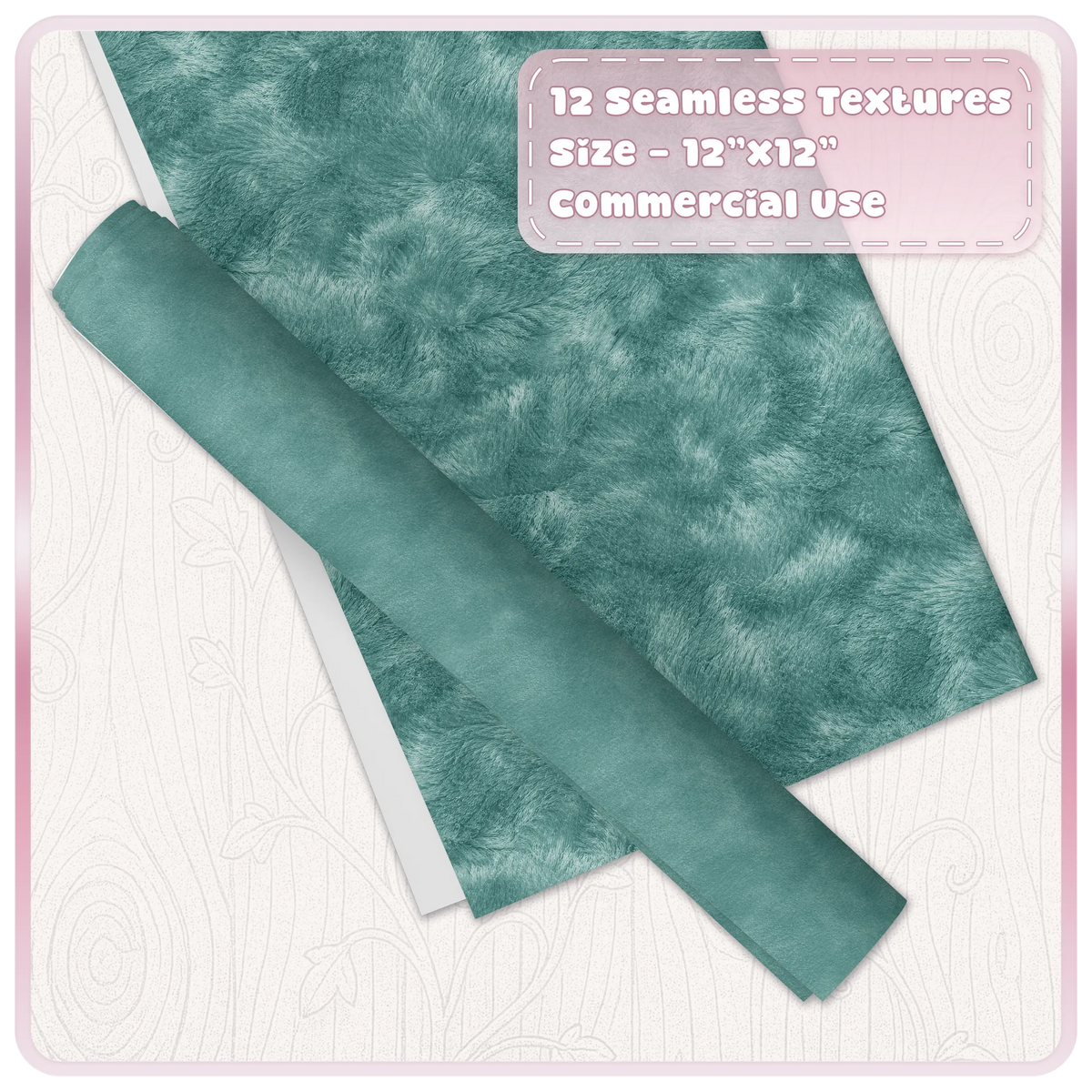 Seamless teal velvet digital paper shown as luxury printable fabric texture sheets and rolled paper